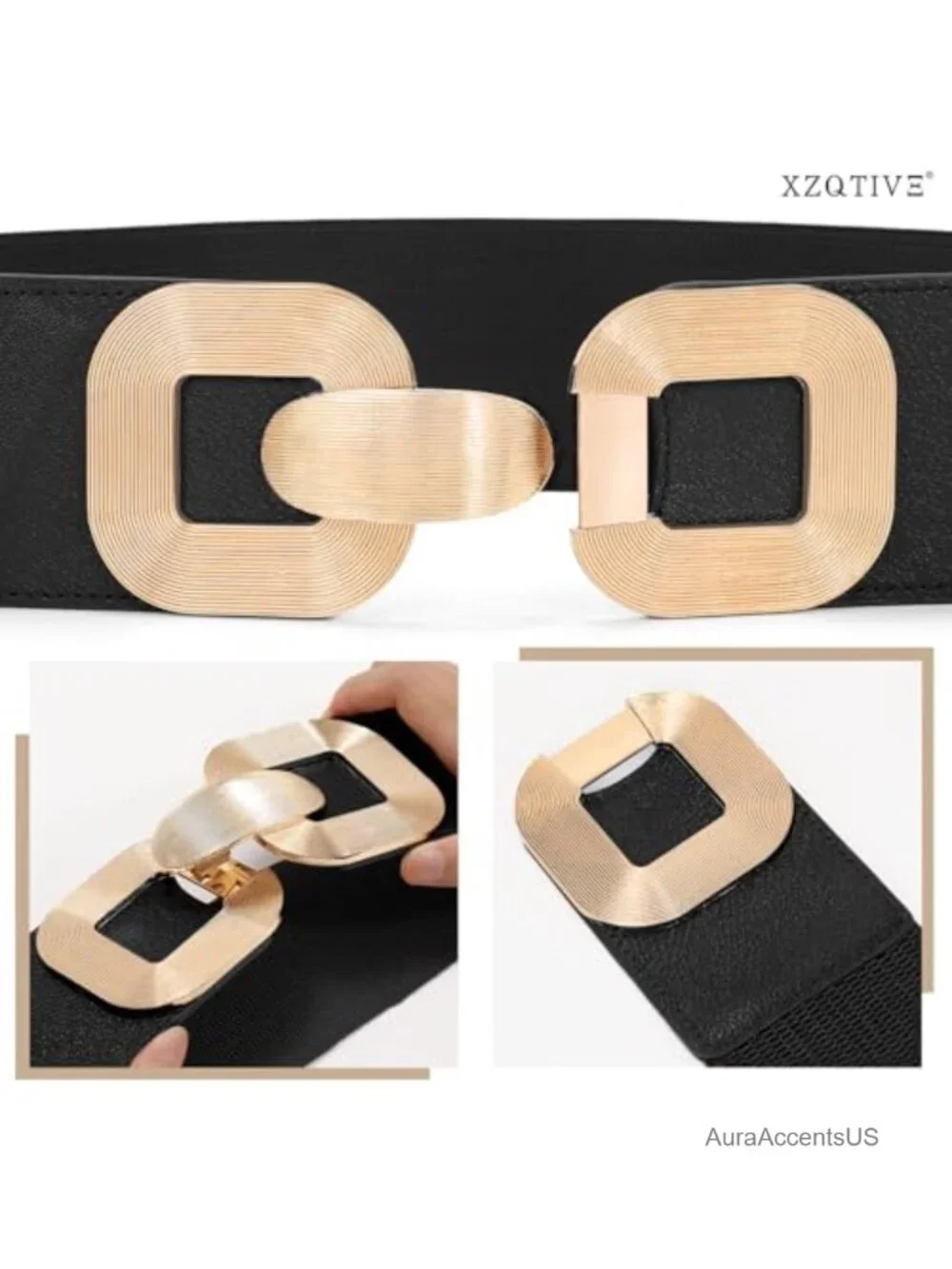 Wide Elastic Belt with Gold Buckle for Dresses